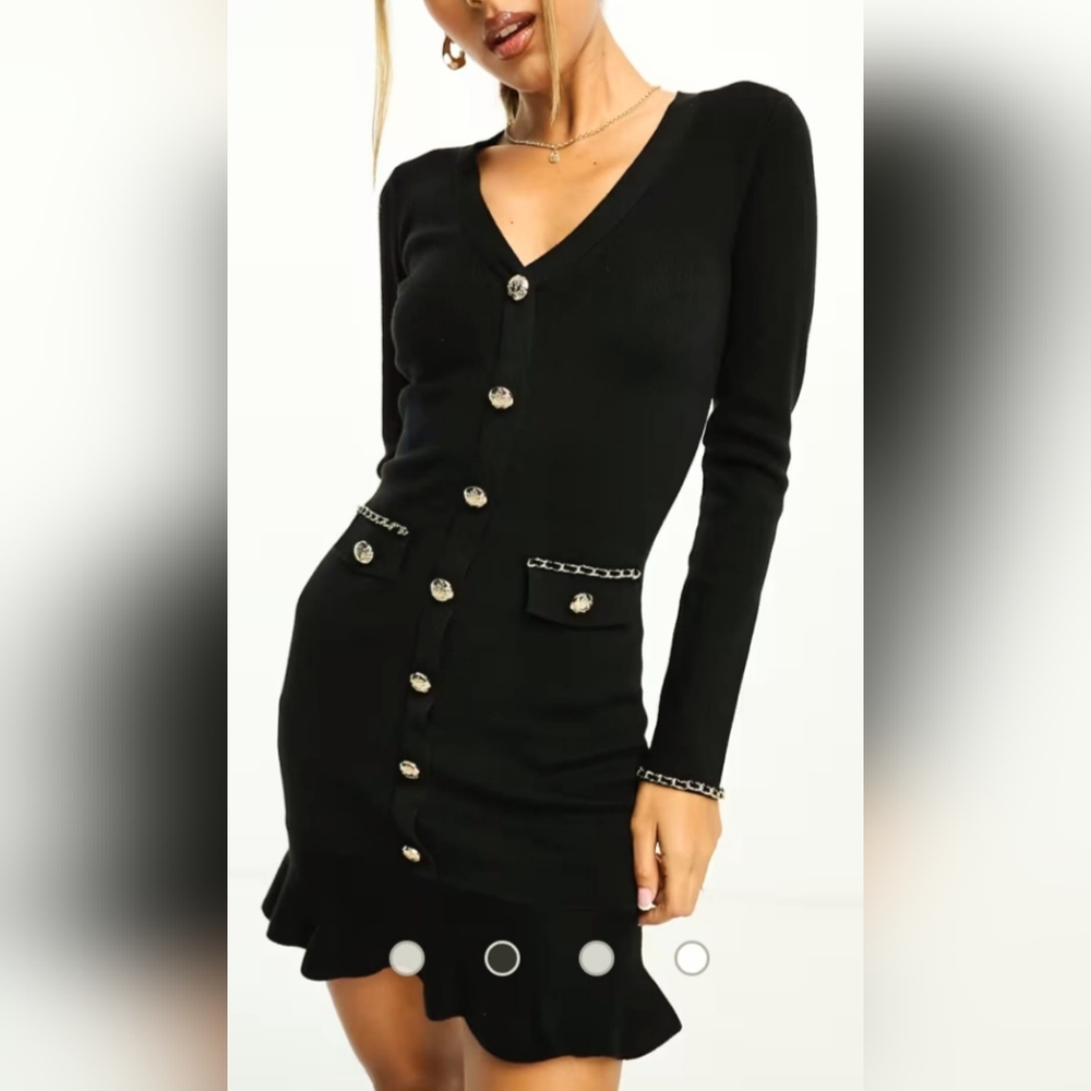River Island London Elegant Button-Down Knit Mini Dress Black XS Long Sleeve NEW
